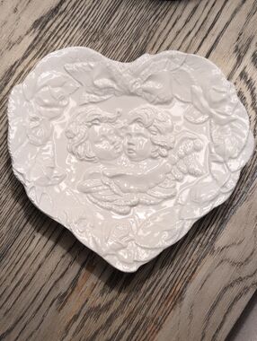Vintage Italian Ceramic Heart-Shaped Plate Embossed Floral & Cherubs Romantic